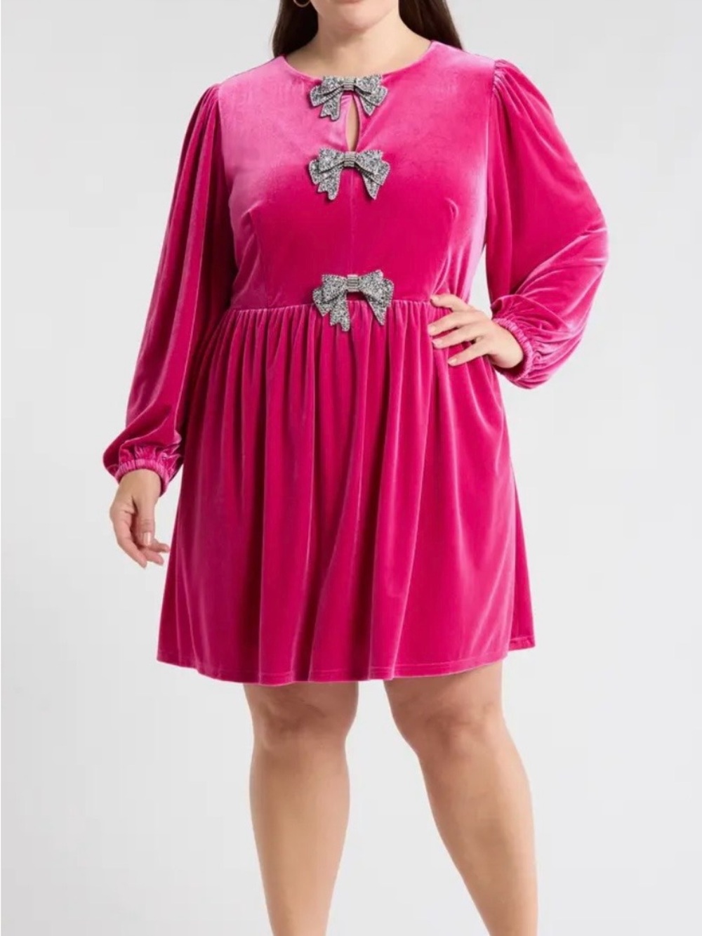 Pink velvet dress with rhinestone bows NWT